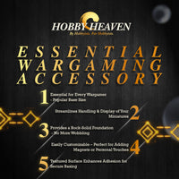 Infographic: Why 25mm square parallel slotted bases are essential for every hobbyist - versatility, industry standard, painting canvas, game compatibility