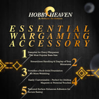 Infographic: Why 32mm round sloted bases are essential for every hobbyist - versatility, industry standard, painting canvas, game compatibility
