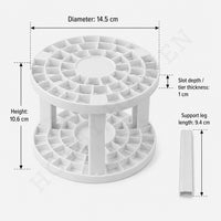 Brush holder dimensions: 14.5 cm diameter, 10.6 cm height, 1 cm slot depth, 9.4 cm support legs