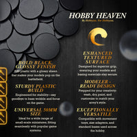 Infographic: 6 key benefits of 50mm round bases for wargaming - durability, compatibility, detailing ease, game variety, customization