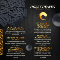 Infographic: 6 key benefits of 60x30mm Rectangle Slotted bases for wargaming - durability, compatibility, detailing ease, game variety, customization