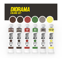 AK Interactive AKABT307 Diorama Colors Set displaying all six oil paint tubes alongside color swatches of each shade, arranged on a white background to showcase the range and versatility of the set for enhancing dioramas and scenic bases