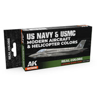 AK Interactive Real Colors SET RCS116 package displaying six meticulously formulated US Navy and USMC modern aircraft paint bottles on a clean white background