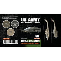 Detailed close-up of RCS121 set label displaying the three historically accurate US Army helicopter paint colors, essential for precise scale modeling from Vietnam to present day