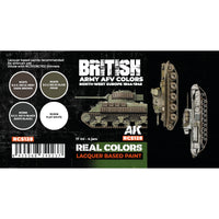 Detailed close-up of RCS128 set label displaying the four historically accurate British Army AFV paint colors, essential for precise scale modeling of WWII North-West Europe campaign vehicles from D-Day to VE Day