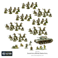 Fully assembled and painted miniatures from the Bolt Action Soviet Winter Starter Army, including infantry, tanks, and weapon team in winter camo.
