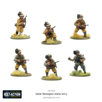 Italian Bersaglieri infantry squad miniatures, equipped with rifles and specialized gear for fast-moving and tactical WWII battles.