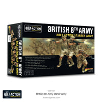 Complete Bolt Action British 8th Army Starter Army set featuring soldiers, weapons, and vehicles for WWII tabletop gaming.