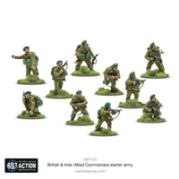 British & Inter-Allied commandos infantry squad miniatures in combat-ready poses, featuring WWII-era gear and weapons.