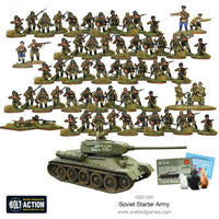 Display of all miniatures and components included in the Bolt Action Soviet Starter Army box, assembled and painted.