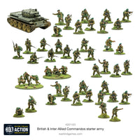 Display of all miniatures and components included in the British & Inter-Allied Commandos Starter Army box, unassembled and unpainted.