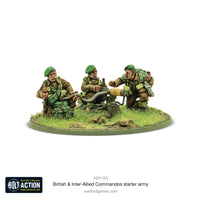 British & Inter-Allied heavy machine gun (HMG) team miniatures deployed in a defensive position for immersive WWII battles.