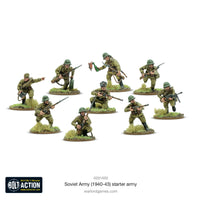 Soviet infantry squad miniatures in early war uniforms, equipped with WWII-era weapons and gear for strategic gameplay.