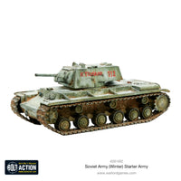 T-34 tank miniature in winter camouflage, designed for winter warfare in the Bolt Action Soviet Winter Starter Army set.