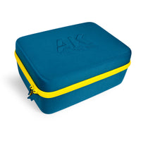 AK Interactive AK9750 Mini Tool Box closed showing teal EVA hard-shell exterior with embossed AK Mini Tool Box logo on lid and bright yellow zip running around three sides