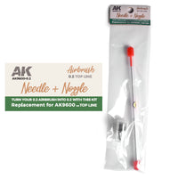AK Interactive AK9600-02 Needle and Nozzle 0.2mm in clear bag packaging showing stainless steel needle with red protective caps and brass nozzle in separate vial with Turn Your 0.3 Airbrush Into 0.2 label