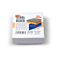 AK Interactive AK9548 Steel Work Block in retail box packaging showing product dimensions 4x4x1/2 inch and 10x10x1.3cm with image of steel block on wooden base and barcode 8435568350465