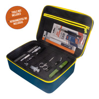 AK Interactive Mini Tool Box opened from different angle showing base elastic strap organiser holding rulers scissors syringes and cutters and lid zip mesh pocket containing packaged sanding sponges and blade refills with tools not included badge
