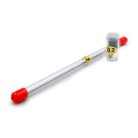AK Interactive 0.2mm needle in clear protective tube with red end caps and yellow 0.2 size labels alongside brass nozzle in separate screw-cap storage vial