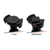 AK Interactive Painting Handle adjustable jaw mechanism close-up showing two configurations side by side for 32mm round base and 20x20mm square base with black plastic gripping arms