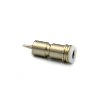 AK Interactive 0.3mm brass self-centering nozzle macro close-up showing stepped machined body with precision orifice tip and white PTFE sealing ring at the rear collar