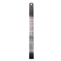 AK Interactive 300mm steel ruler reverse side showing engraved inch to millimetre conversion table covering 1 to 12 inches plus 24 and 36 inch equivalents, fractional inch breakdowns, metric tap drill chart M1 to M27, and Whitworth UNF thread reference