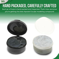 Aves Apoxie Sculpt White 1/4 lb hand packaged carefully crafted graphic showing Part A and Part B components with close-up views of the compound before mixing
