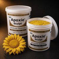 Aves Apoxie Sculpt 4lb Yellow — large Part A and Part B tubs with yellow putty visible, alongside a detailed sculpted sunflower head with intricate petal detail