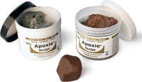 Aves Studio Apoxie Sculpt Bronze 1 lb with opened Part A and Part B jars and a bronze sample piece