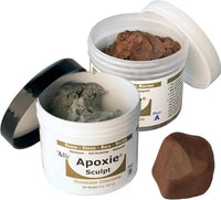 Aves Studio Apoxie Sculpt Brown 1 lb with opened Part A and Part B jars and a brown sample piece