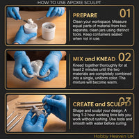 How to use Aves Studio Apoxie Sculpt step by step guide showing preparation, mixing, kneading and sculpting