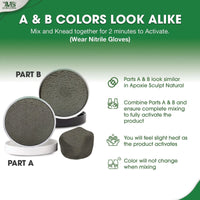Aves Studio Apoxie Sculpt Natural showing Part A and Part B with guidance that both parts look similar before mixing