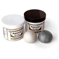 Aves Studio Apoxie Sculpt Stone Grey with Part A and Part B jars shown alongside separate sample balls of each compon