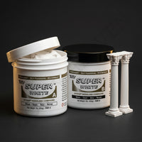 Aves Studio Apoxie Super White 1 lb with Part A and Part B tubs beside white model columns