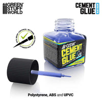 Open 40ml Blue Cement Glue for plastics showing coloured adhesive and fine brush applicator.