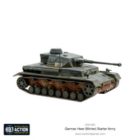 WWII German tank miniatures from the Bolt Action German Heer Winter Starter Army, designed with winter camouflage for tabletop battles.