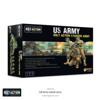 Box artwork for the Bolt Action US Army Starter Army by Warlord Games, featuring American infantry and vehicles from WWII.