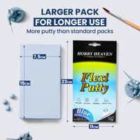 Flexi Putty 75g blue reusable adhesive showing dimensions and large hobby grade pack size