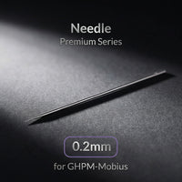 Gaahleri 0.2mm polished stainless steel needle for Premium Mobius on dark background showing taper detail - Hobby Heaven