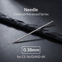 Gaahleri 0.38mm polished stainless steel needle for GHAD-68 and CS-36 close-up on slate background - Hobby Heaven