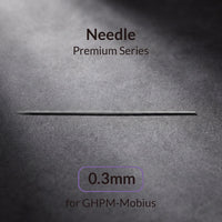 Gaahleri 0.3mm airbrush needle for Premium Series Mobius full length on dark textured surface with studio lighting