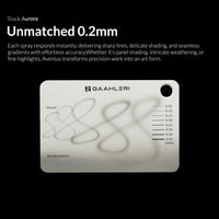 Gaahleri Aventus Black Aurora 0.2mm spray test card showing fine line and atomisation performance