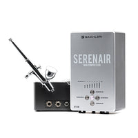 Gaahleri GTS-06 Serenair compressor and CS-36 airbrush from side angle showing dual ports and control panel