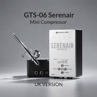 Gaahleri GTS-06 Serenair mini compressor kit UK version studio shot with CS-36 airbrush on grey background
