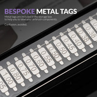 Gaahleri storage box metal ID tags close-up showing pre-stamped nozzle size labels from 0.20 to 1.05mm