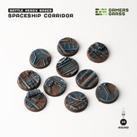 Set of 10 pre-painted 25mm Spaceship Corridor bases showing complete industrial deck collection