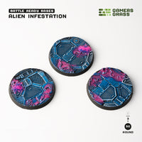 Set of 3 pre-painted 50mm Alien Infestation bases by Gamers Grass showing complete painted set