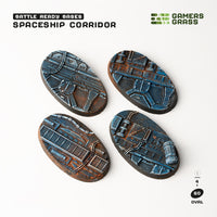 Set of 4 pre-painted 60mm oval Spaceship Corridor bases showing industrial deck plating collection