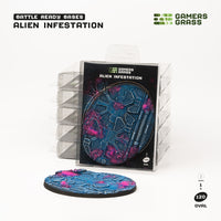 Gamers Grass packaging and massive 120mm oval Alien Infestation base displayed on white background