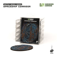 Gamers Grass packaging and single painted 120mm oval Spaceship Corridor base displayed on white background